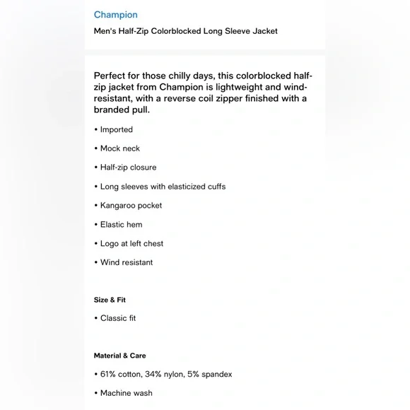 Champion Men's Half-Zip Colorblocked Long Sleeve Jacket Navy/Green- NWT - Picture 4 of 4